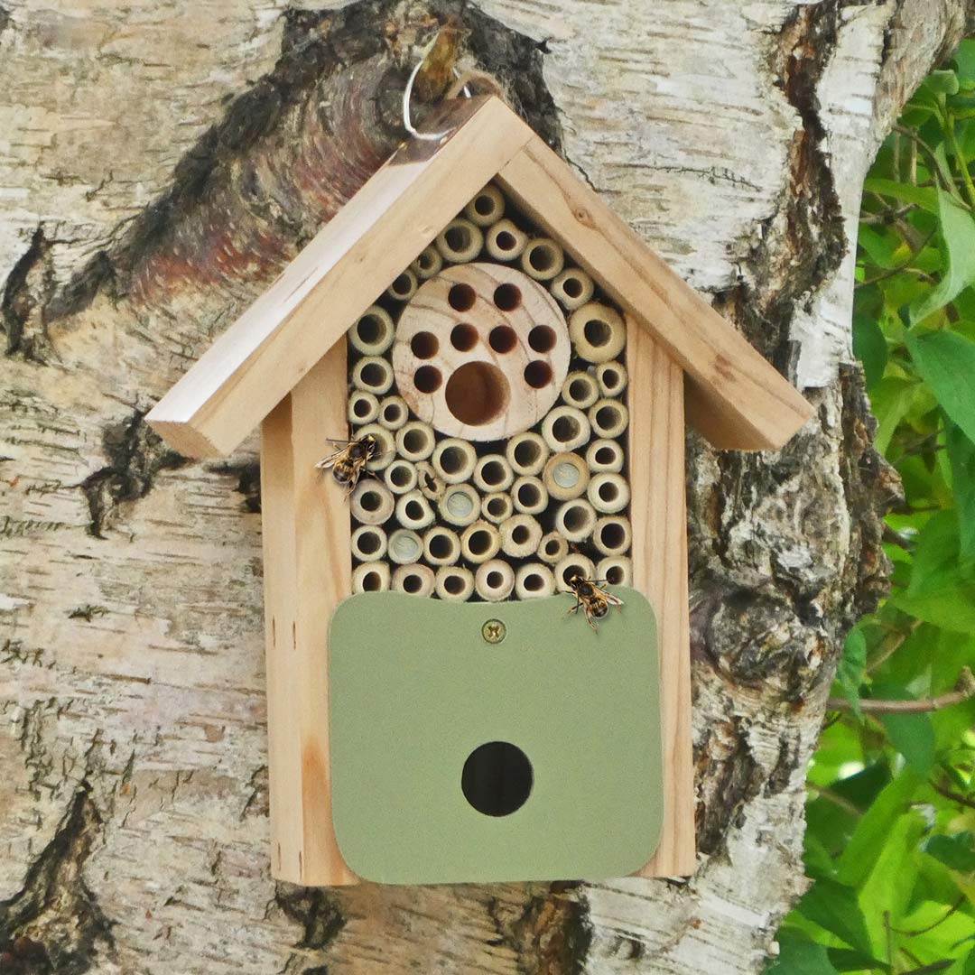 Bee Barn. Shelter and home for pollinators. Solitary bees on the front
