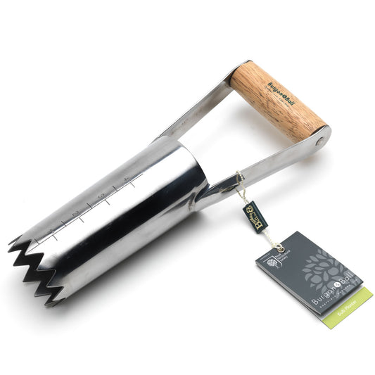 Stainless steel bulb planter, with wooden handle, from Burgon & Ball. Gardening tool for planting bulbs.