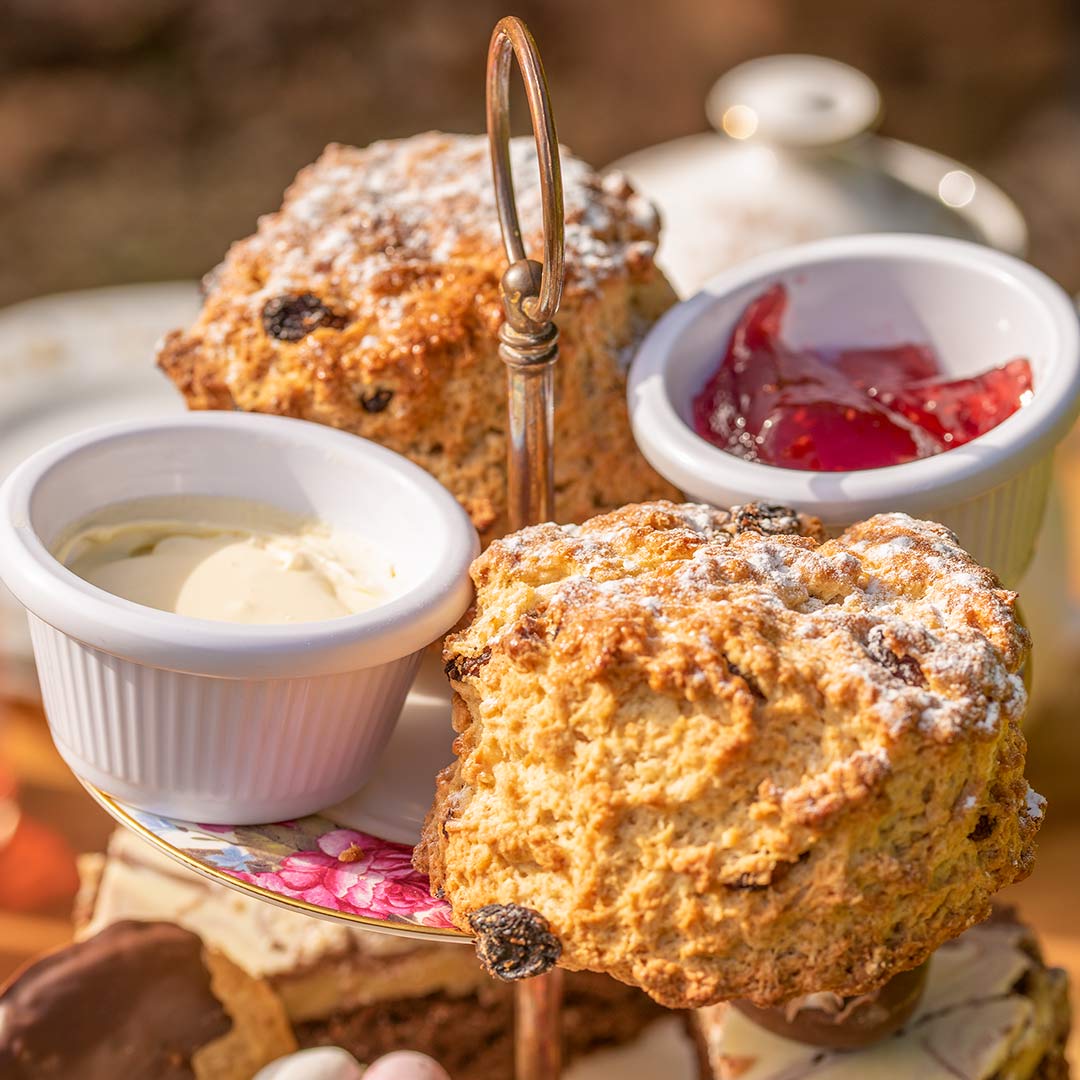 Detail of Easter Afternoon Tea from The Helenim Tearoom at Barnsdale Gardens: Homemade scones with jam and cream