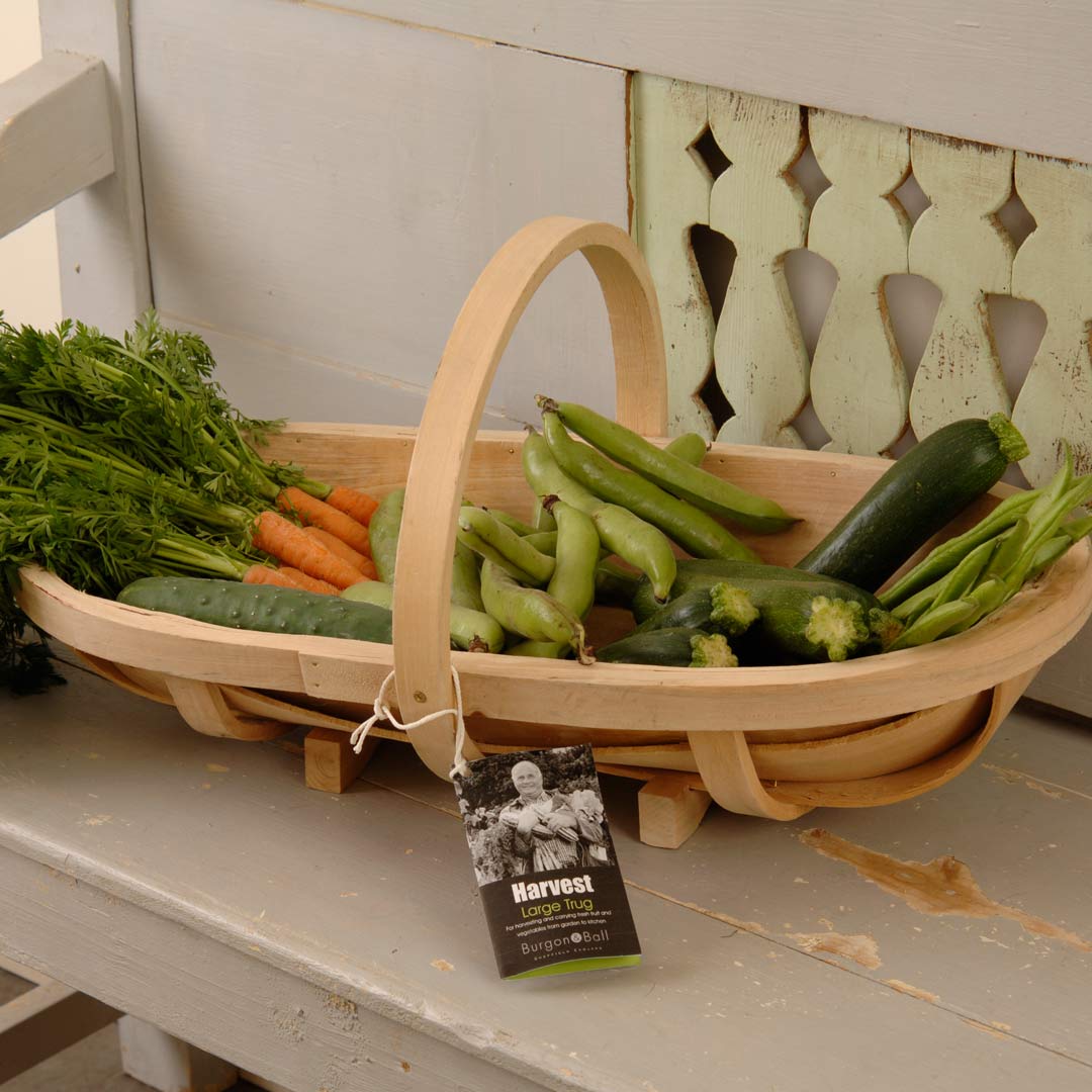 Traditional large wooden trug, filled with vegetables