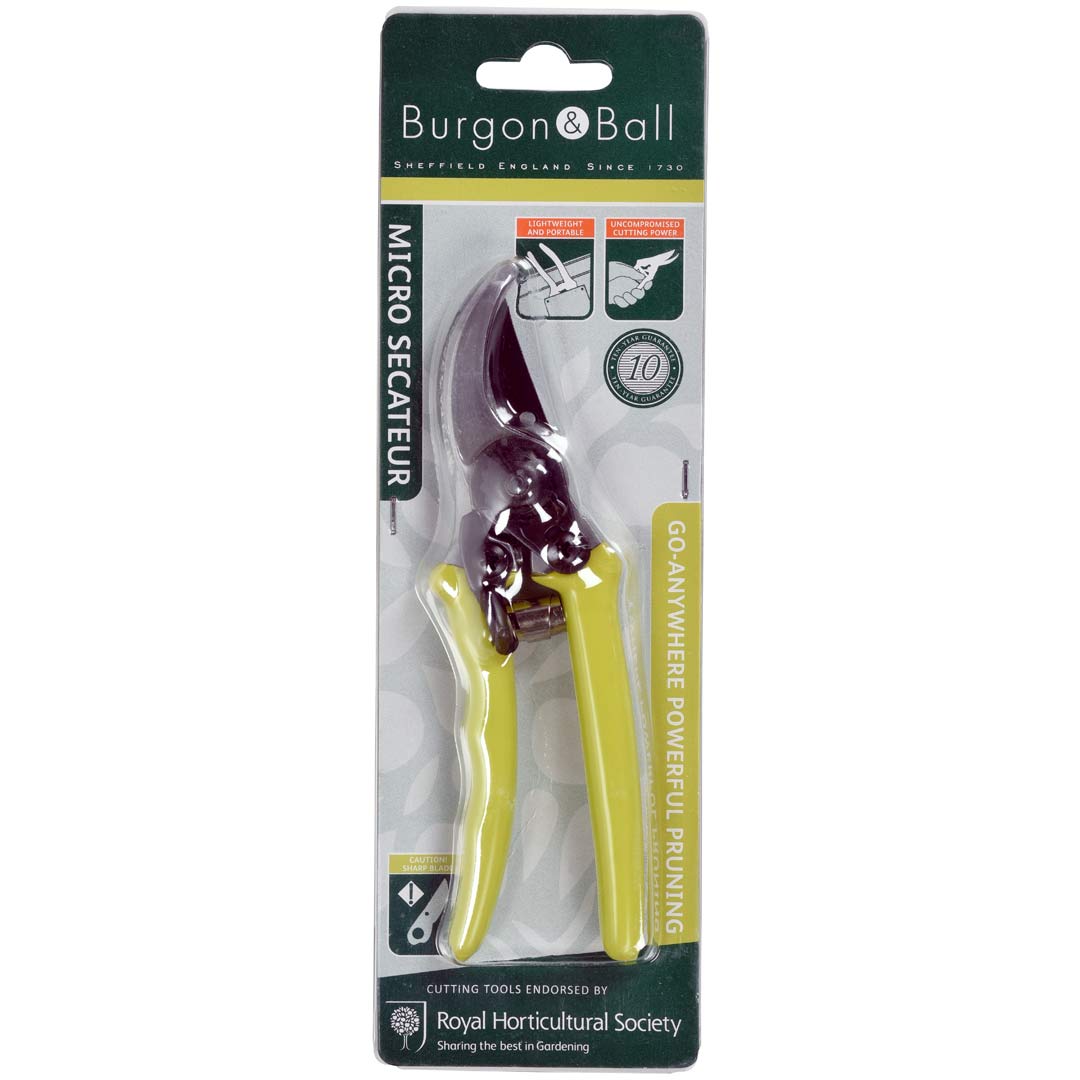 Micro Secateurs - RHS endorsed. Green handles. Bubble pack.