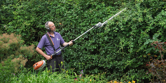 Jon Brocklebank using the Stihl HLA 140 Cordless Long Reach Hedge Trimmer at Barnsdale Gardens