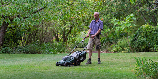 Jon Brocklebank using the Webb Cordless Rear Roller Rotary Lawnmower WEV20X2LM38RRB4X at Barnsdale Gardens