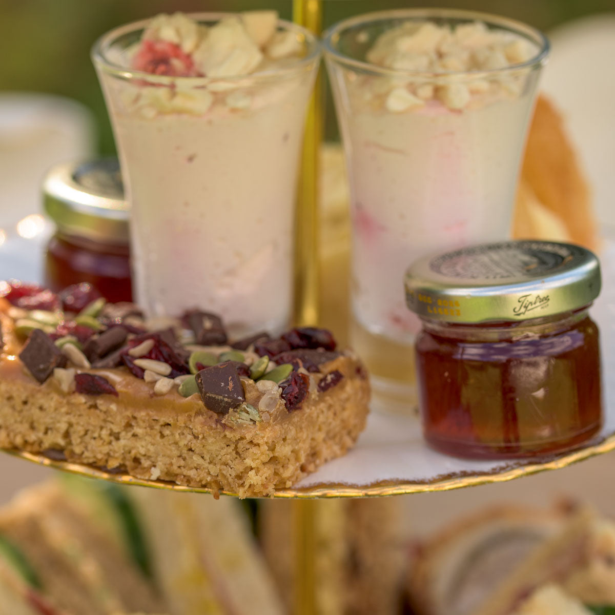 Barnsdale Afternoon Tea: close up of cake, pot of jam and Eton Mess pots