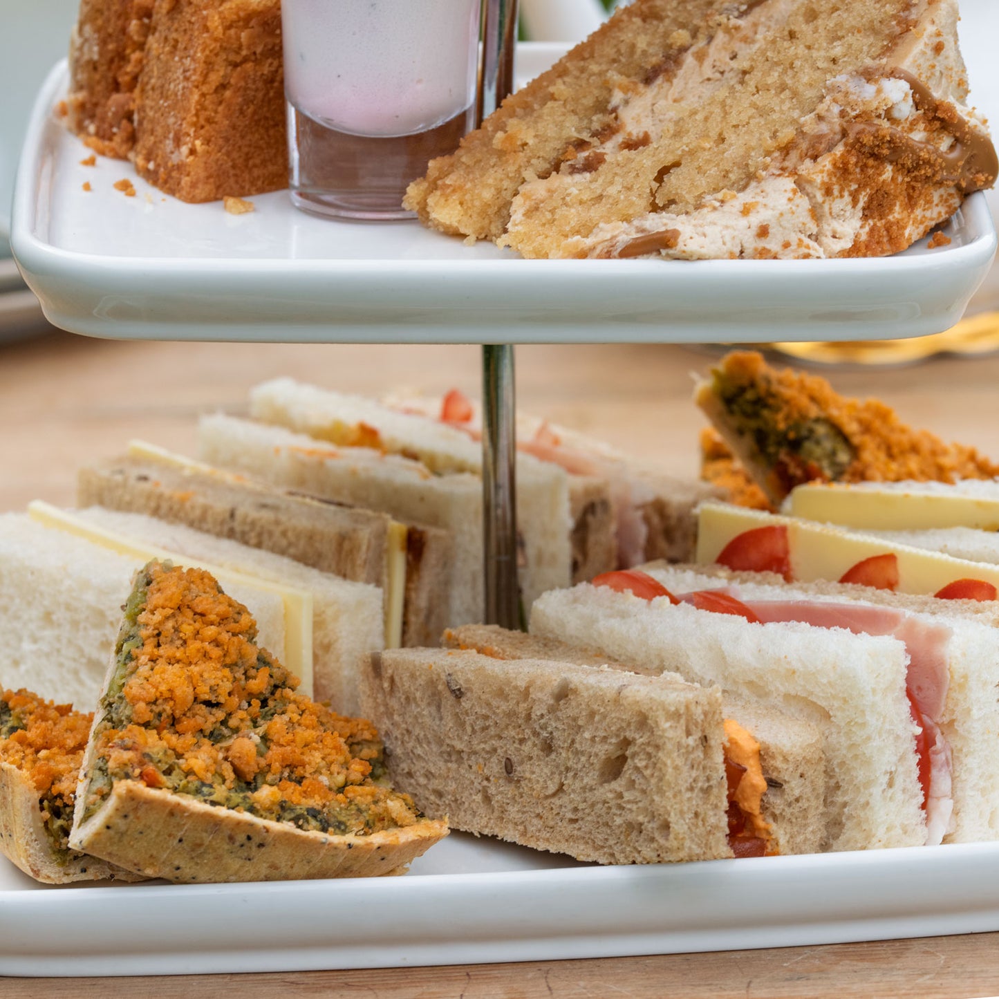 Vegan Afternoon Tea from the Helenium Tea Room at Barnsdale Gardens. Finger sandwiches and vegan quiche.