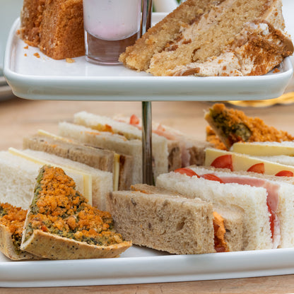 Vegan Afternoon Tea from the Helenium Tea Room at Barnsdale Gardens. Finger sandwiches and vegan quiche.