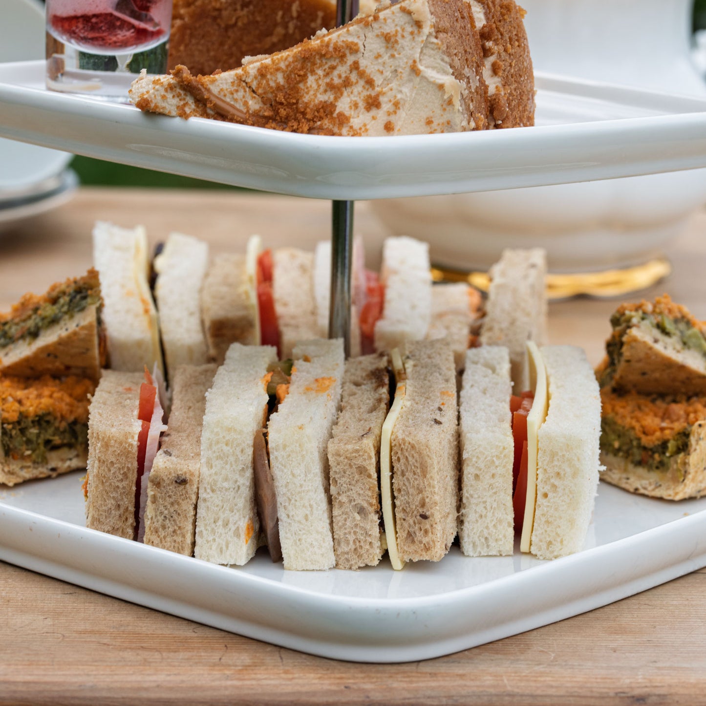 Vegan Afternoon Tea from the Helenium Tea Room at Barnsdale Gardens. Finger sandwiches and vegan quiche.