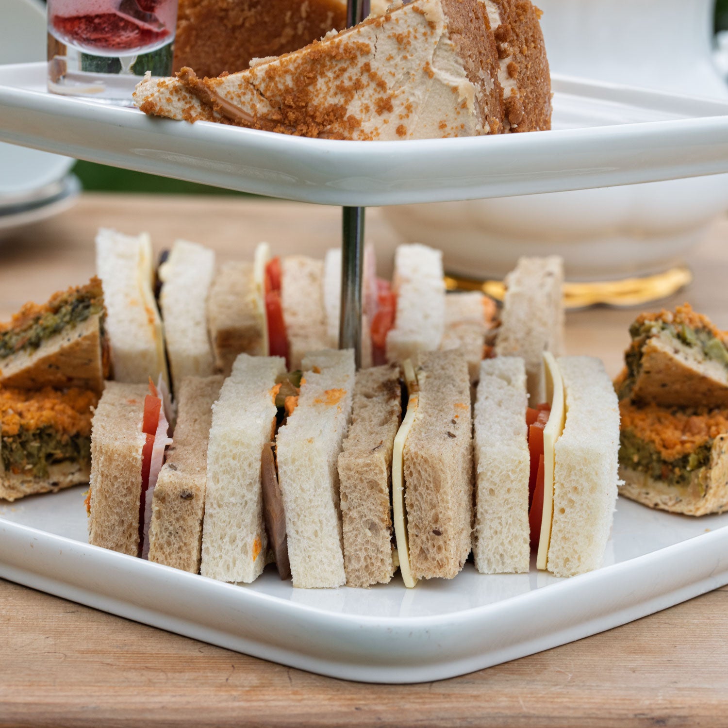Vegan Afternoon Tea from the Helenium Tea Room at Barnsdale Gardens. Finger sandwiches and vegan quiche.