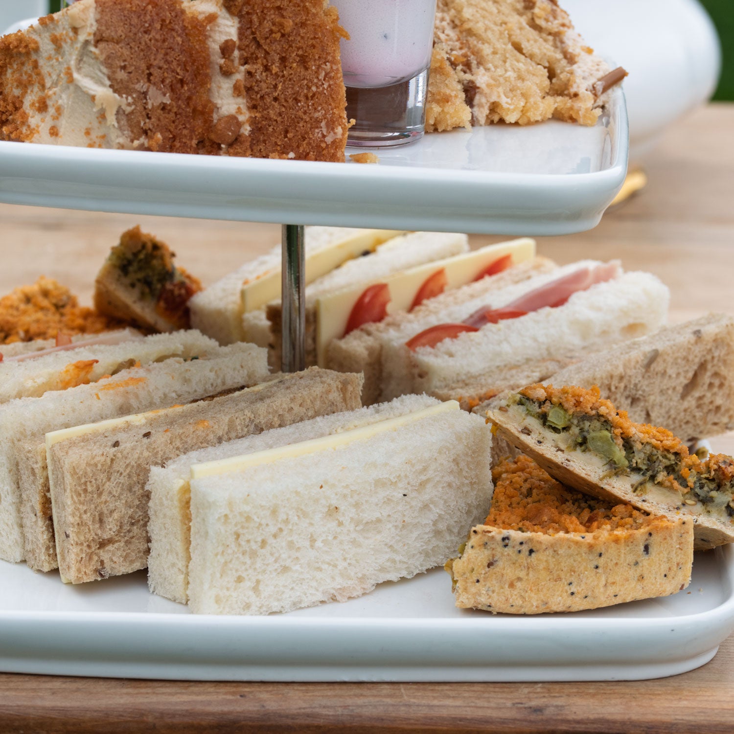 Vegan Afternoon Tea from the Helenium Tea Room at Barnsdale Gardens. Finger sandwiches and vegan quiche.