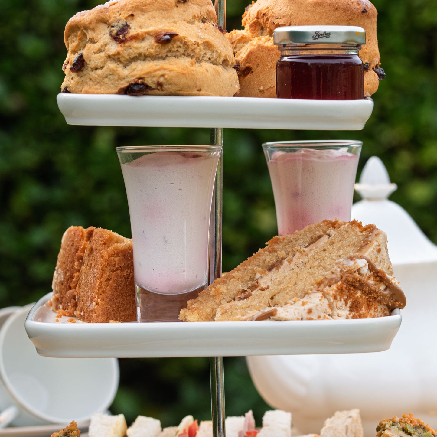 Vegan Afternoon Tea from the Helenium Tea Room at Barnsdale Gardens. Vegan cake and vegan Eton Mess.