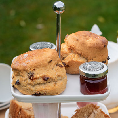 Vegan Afternoon Tea from the Helenium Tea Room at Barnsdale Gardens. Two homemade Vegan scones and jam.