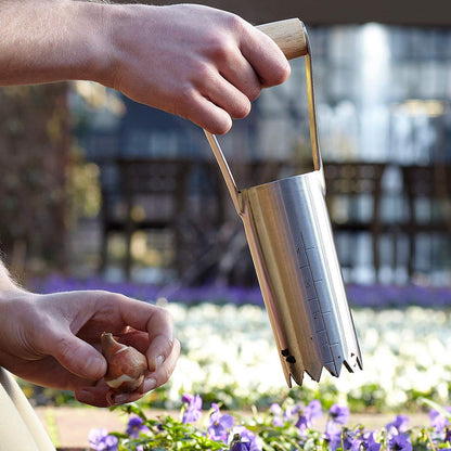 Using stainless steel bulb planter in the garden to plant bulbs. Gardening tool for planting bulbs.