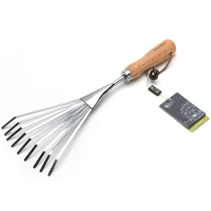 Shrub rake. Short handled stainless steel garden tool.