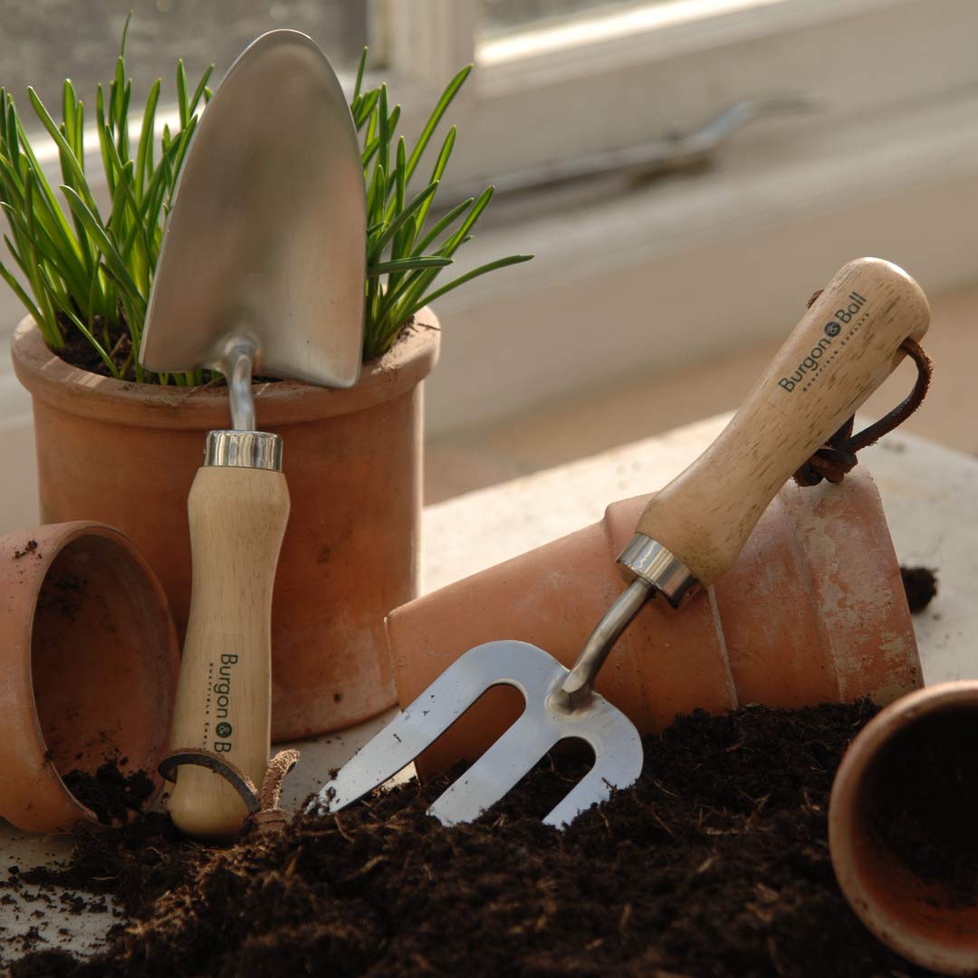 Children's hand trowel and hand fork for the garden.