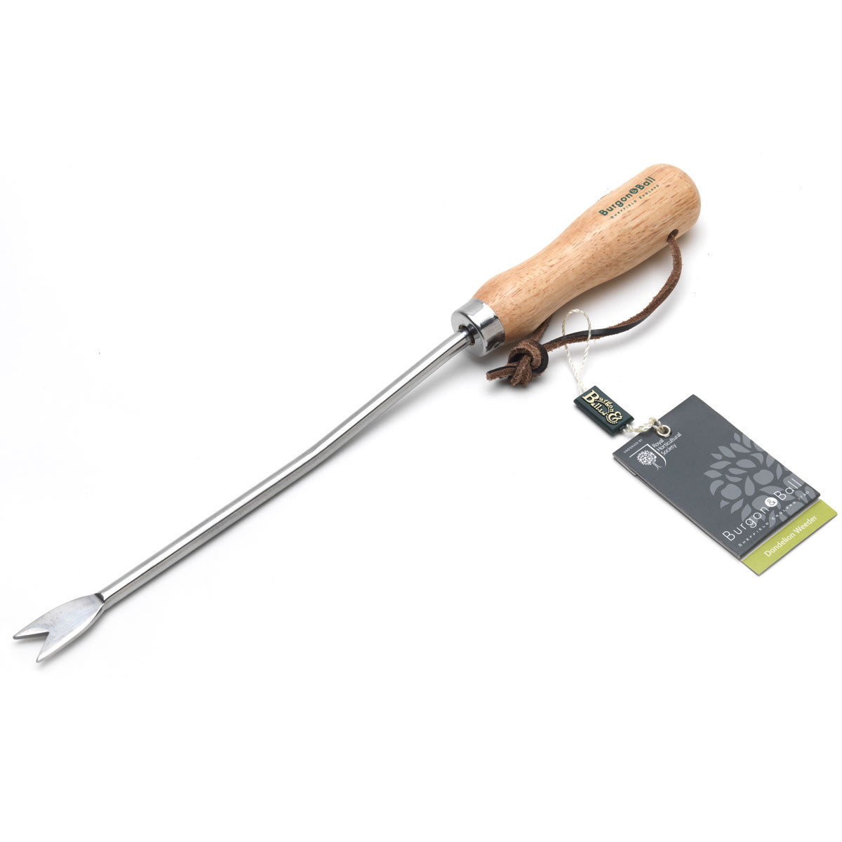 Dandelion Weeder. Stainless steel dandelion removing tool., with wooden handle, from Burgon & Ball.