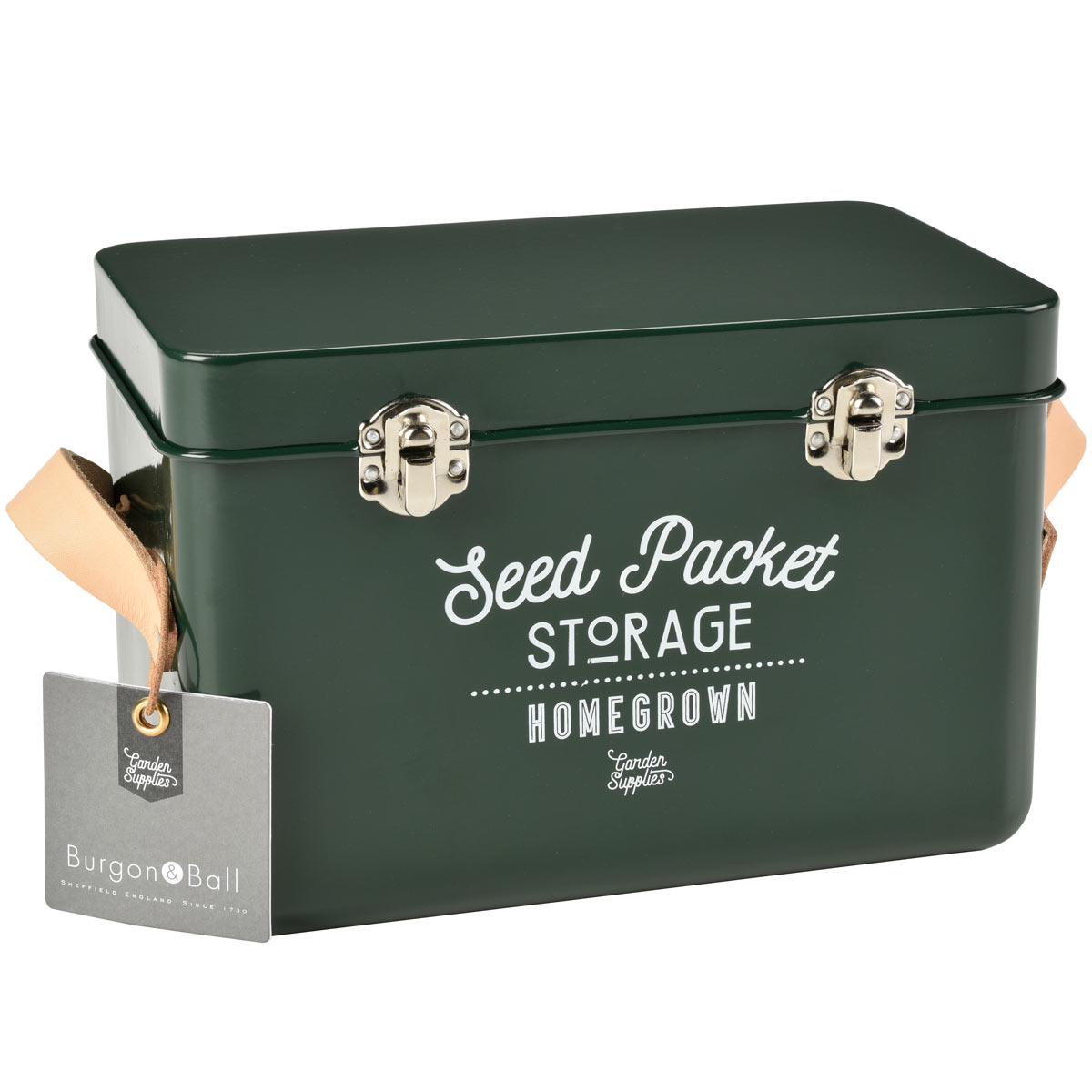 Seed packate storage tin in dark green, from Burgon & Ball 