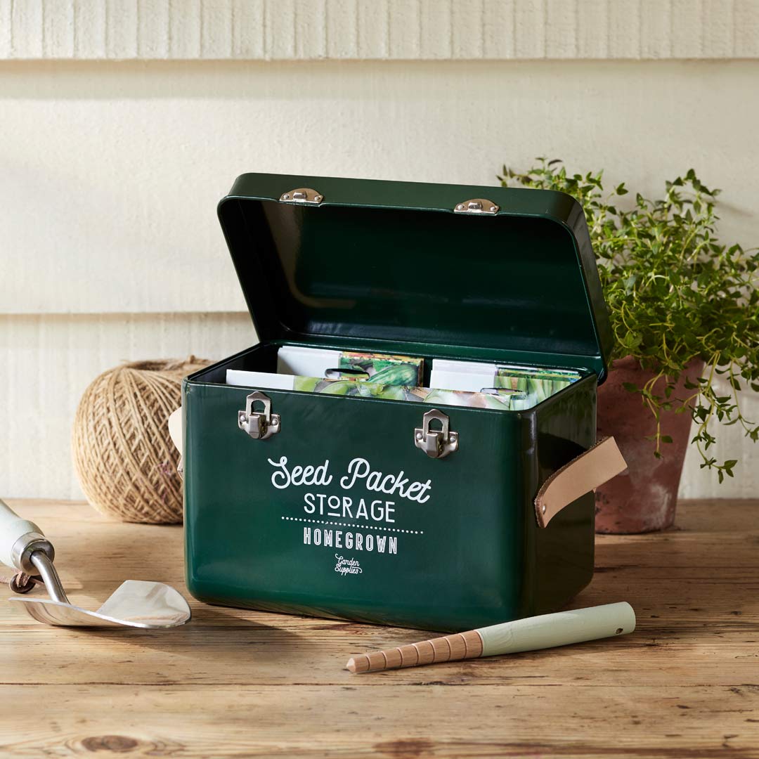 Seed packate storage tin in dark green, from Burgon & Ball