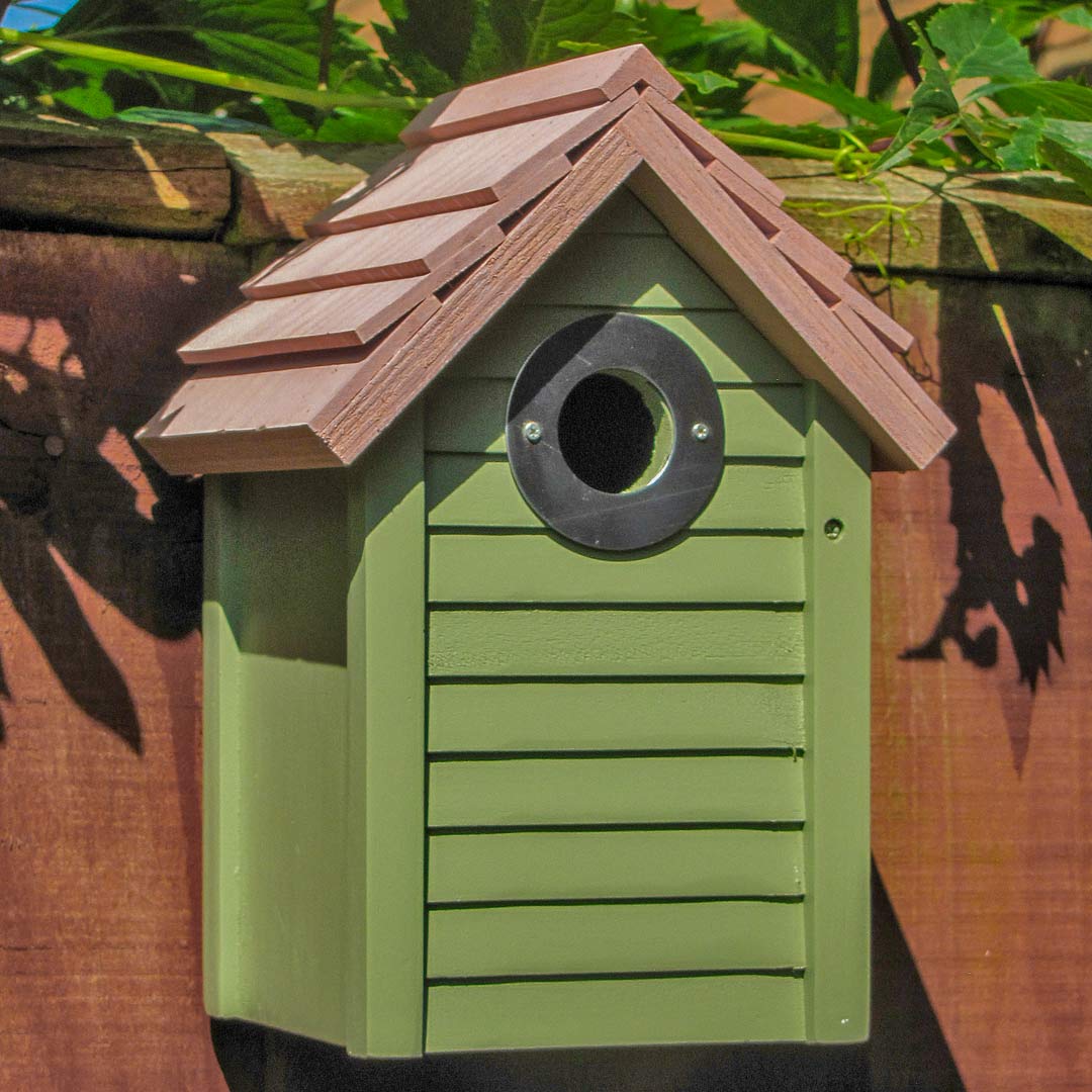 New England nesting box in green, fixed to a fence.
